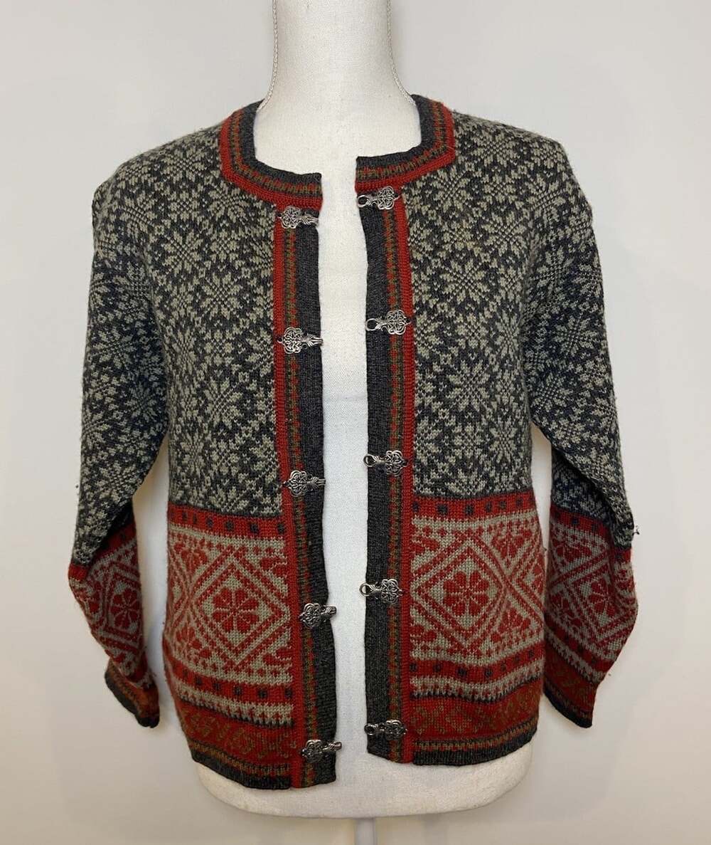 Vintage L.L. Bean Wool Cardigan Sweater Norway Fair Isle Silver Clasp Red Gray S